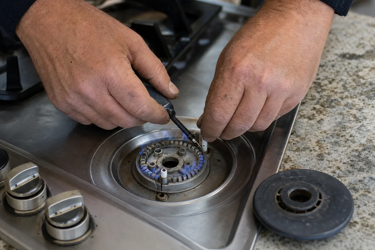 Technician adjusting a gas cooktop burner in a Stamford kitchen