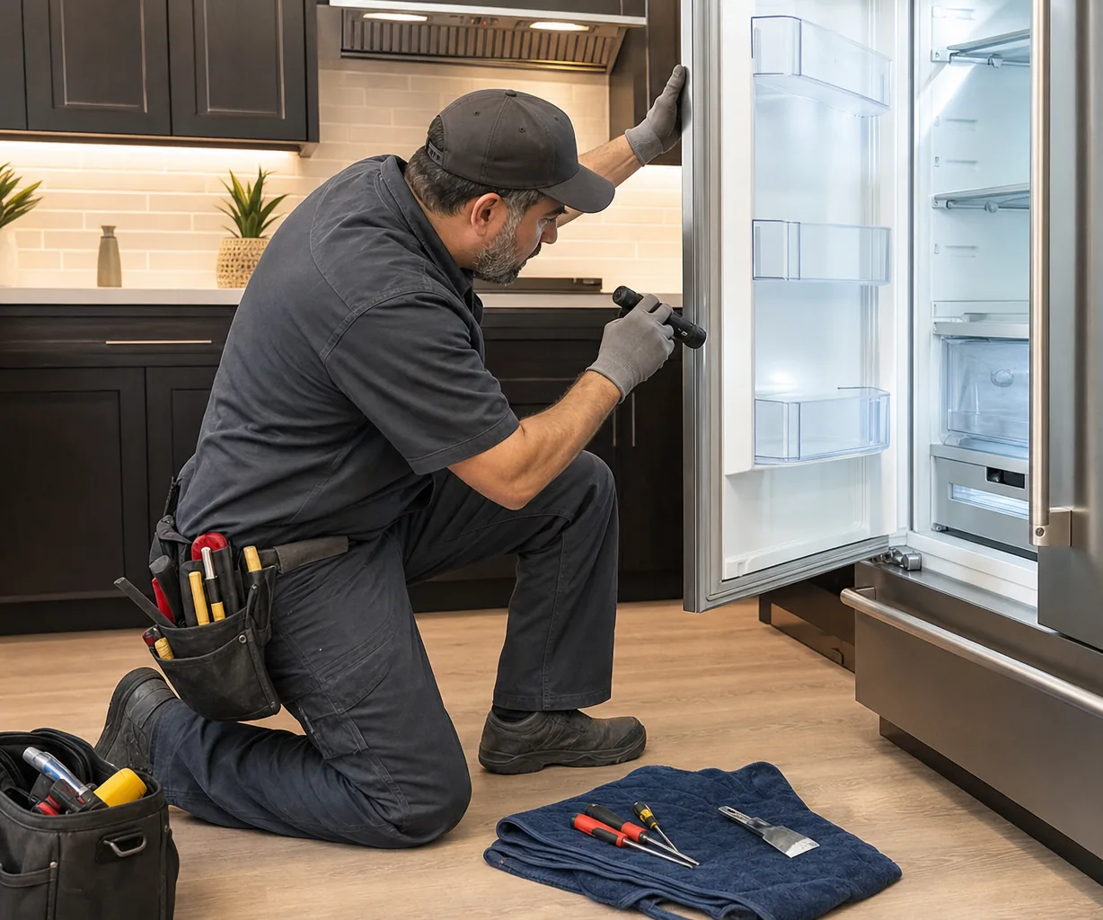 Technician repairing a built-in refrigerator in a Stamford kitchen