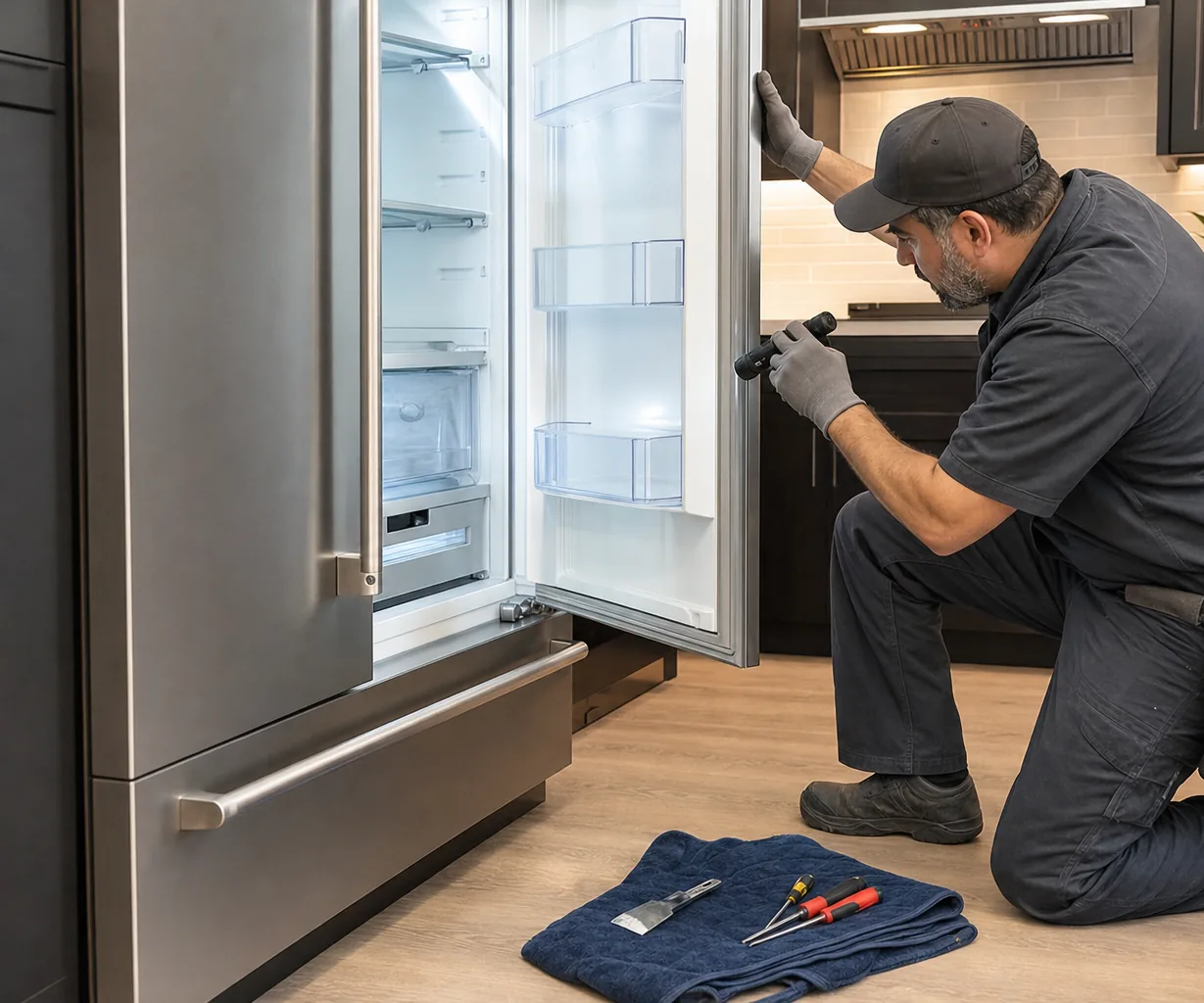 Technician repairing a built-in refrigerator mid-repair