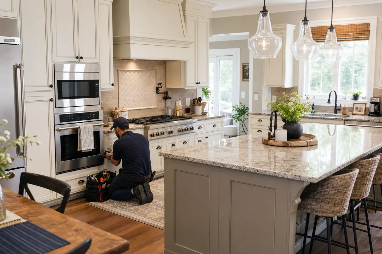A luxury kitchen with built-in stainless appliances mid-repair