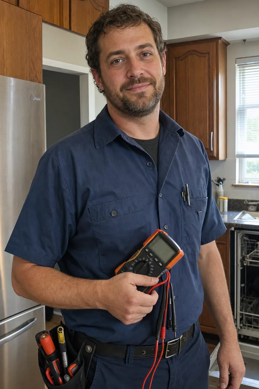 A Viking appliance repair technician in a Stamford kitchen holding a multimeter